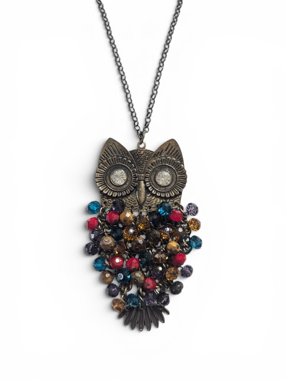 Vintage Boho Multicolor Beaded Owl Pendant Necklace Goldtone Chain